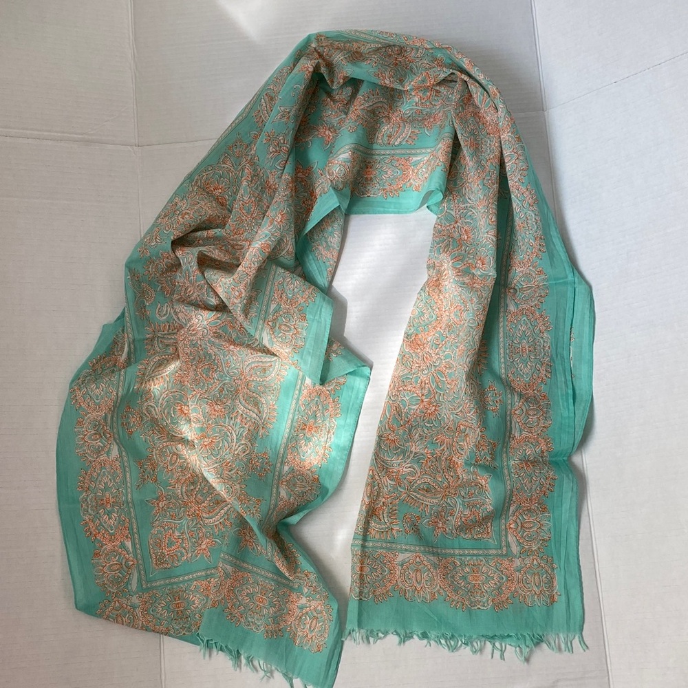 Green and Orange Paisley Scarf - Cotton 67" x 20"